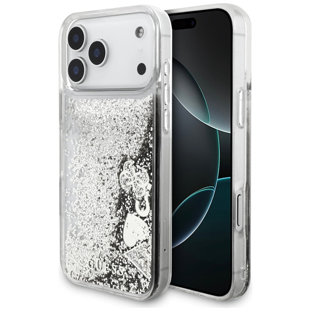 Pouzdro pro Apple iPhone 17 Pro, Guess, Liquid Glitter Charms, Stříbrné