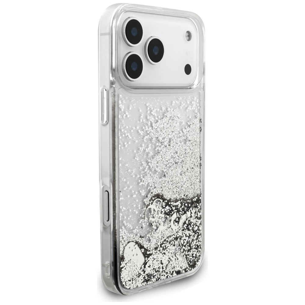Pouzdro pro Apple iPhone 17 Pro, Guess, Liquid Glitter Charms, Stříbrné