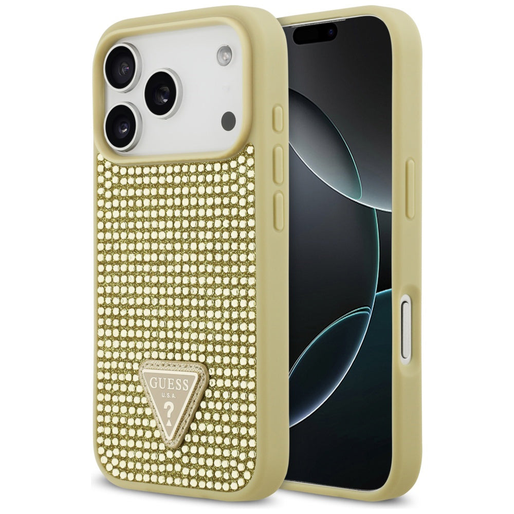 Pouzdro pro Apple iPhone 17 Pro, Guess, Rhinestone Triangle Logo, Zlaté