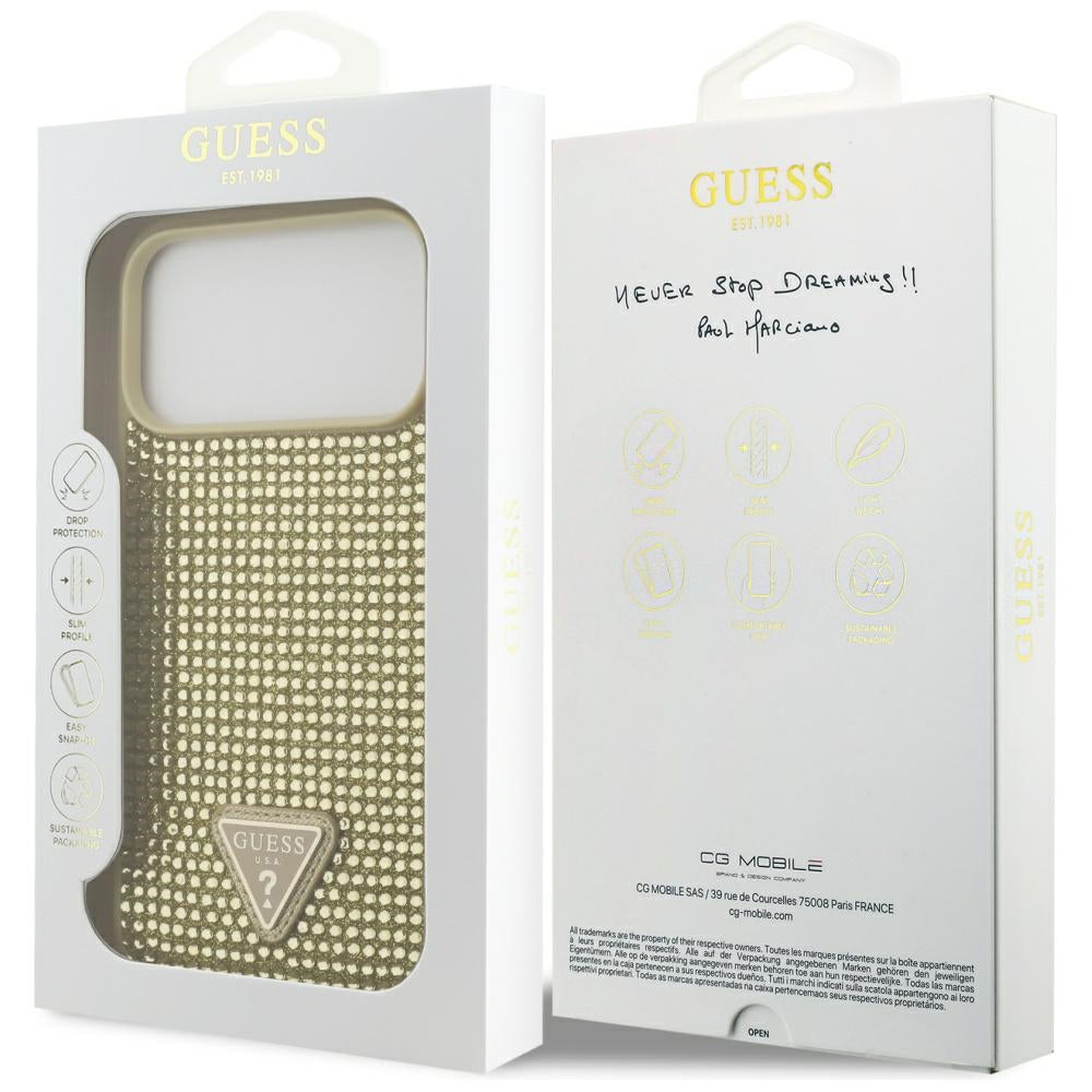 Pouzdro pro Apple iPhone 17 Pro, Guess, Rhinestone Triangle Logo, Zlaté
