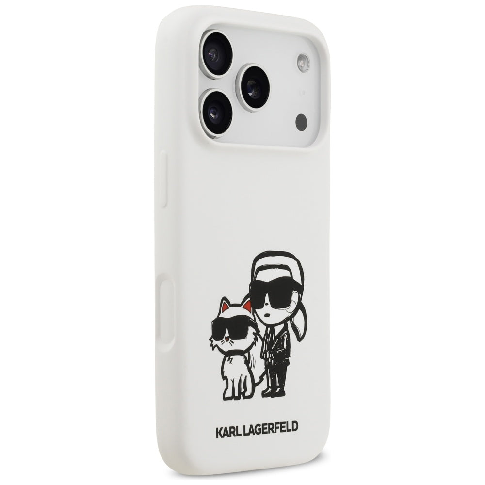Pouzdro pro Apple iPhone 17 Pro, Karl Lagerfeld, Sketch and Logo Karl & Choupette, Bílá