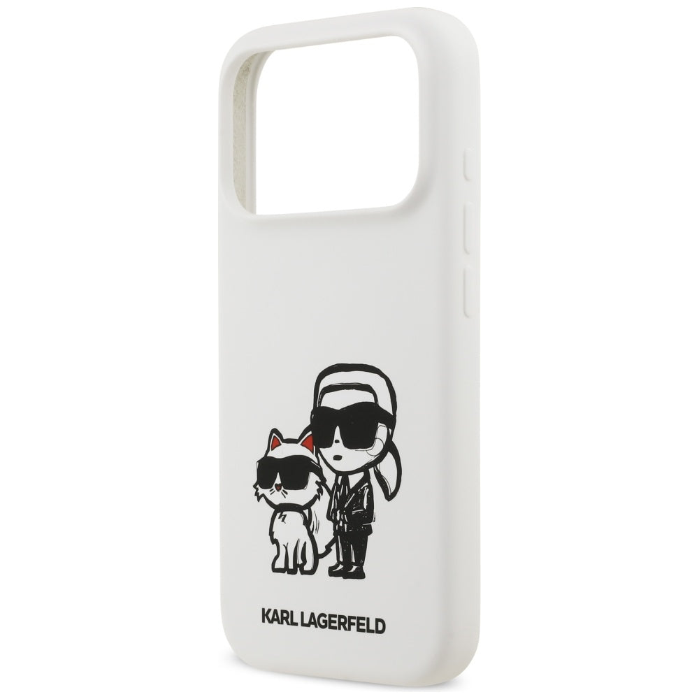 Pouzdro pro Apple iPhone 17 Pro, Karl Lagerfeld, Sketch and Logo Karl & Choupette, Bílá
