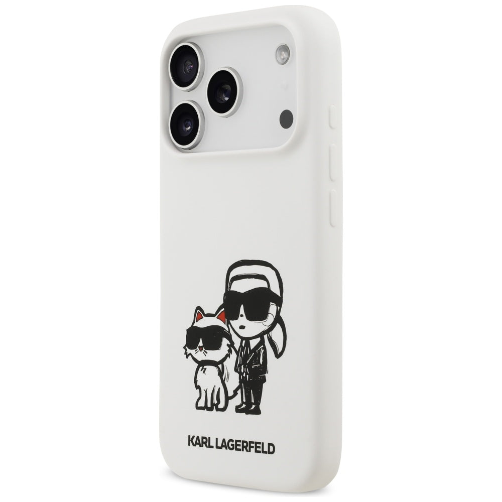 Pouzdro pro Apple iPhone 17 Pro, Karl Lagerfeld, Sketch and Logo Karl & Choupette, Bílá