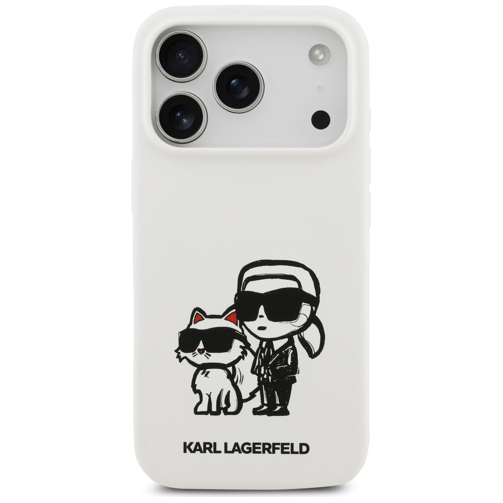 Pouzdro pro Apple iPhone 17 Pro, Karl Lagerfeld, Sketch and Logo Karl & Choupette, Bílá