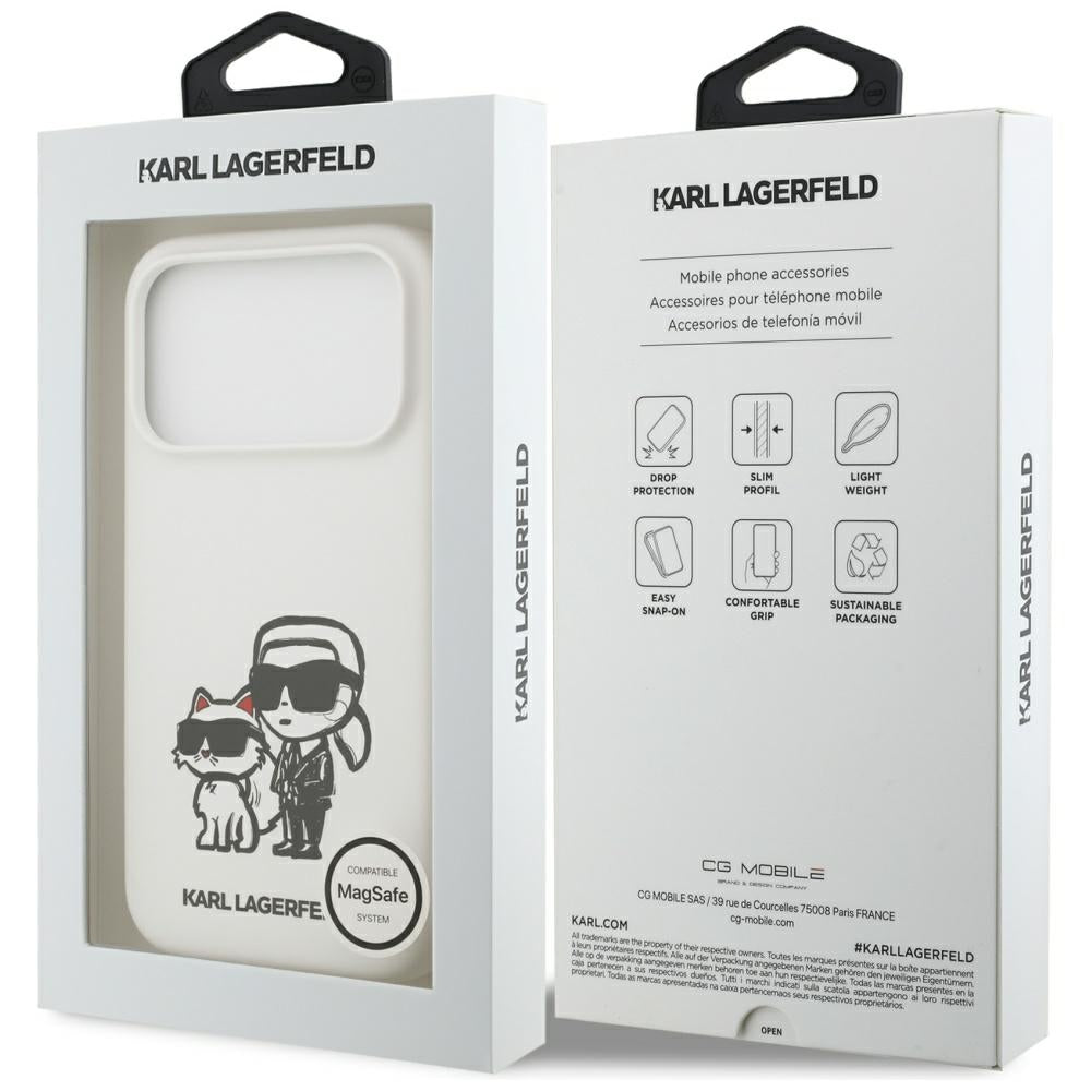 Pouzdro pro Apple iPhone 17 Pro, Karl Lagerfeld, Sketch and Logo Karl & Choupette, Bílá