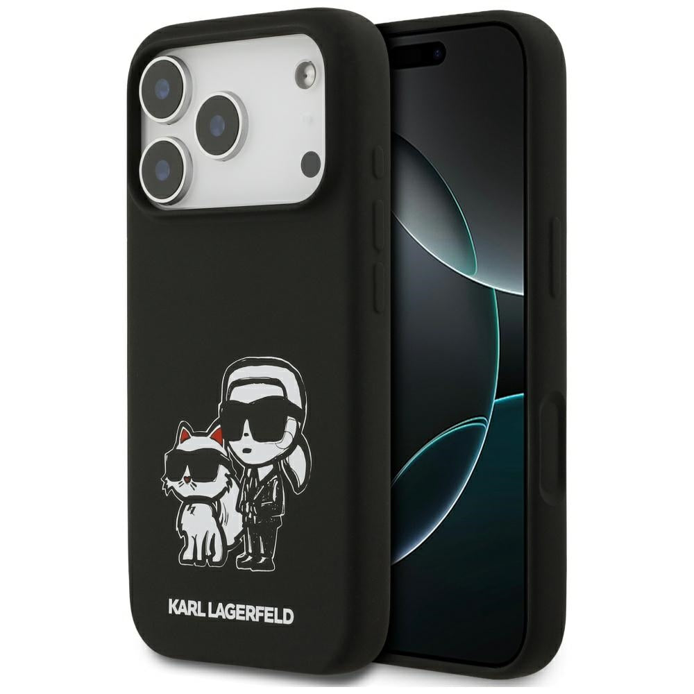Pouzdro pro Apple iPhone 17 Pro, Karl Lagerfeld, Sketch and Logo Karl & Choupette, Černá