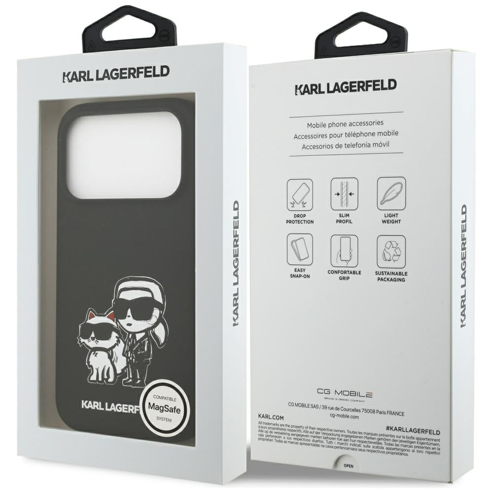 Pouzdro pro Apple iPhone 17 Pro, Karl Lagerfeld, Sketch and Logo Karl & Choupette, Černá