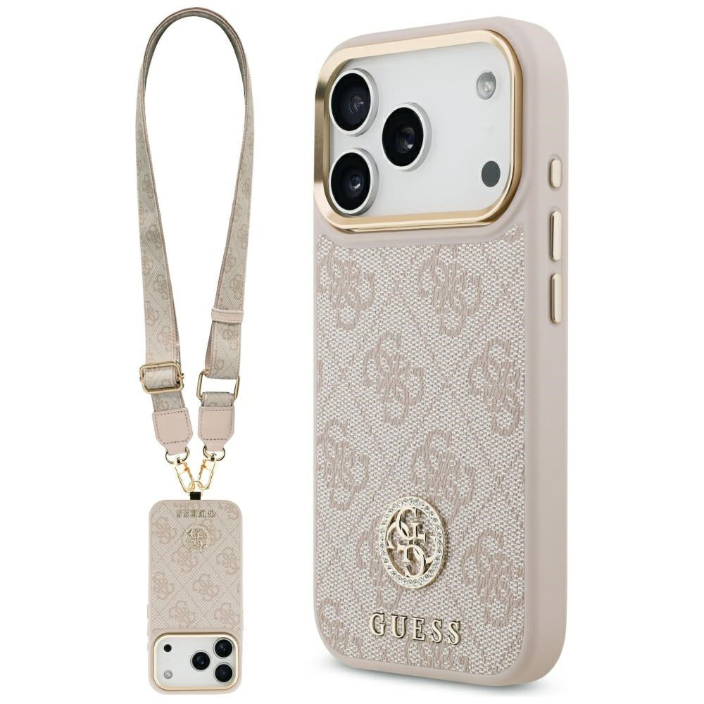Pouzdro pro Apple iPhone 17 Pro Max, Guess, 4G Strass Logo and Big Strap, Růžové