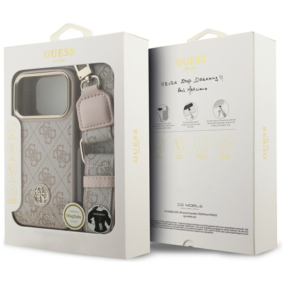 Pouzdro pro Apple iPhone 17 Pro Max, Guess, 4G Strass Logo and Big Strap, Růžové