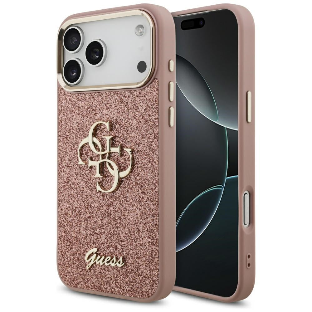Pouzdro pro Apple iPhone 17 Pro Max, Guess, Fixed Glitter Big 4G Metal Frame, Růžové