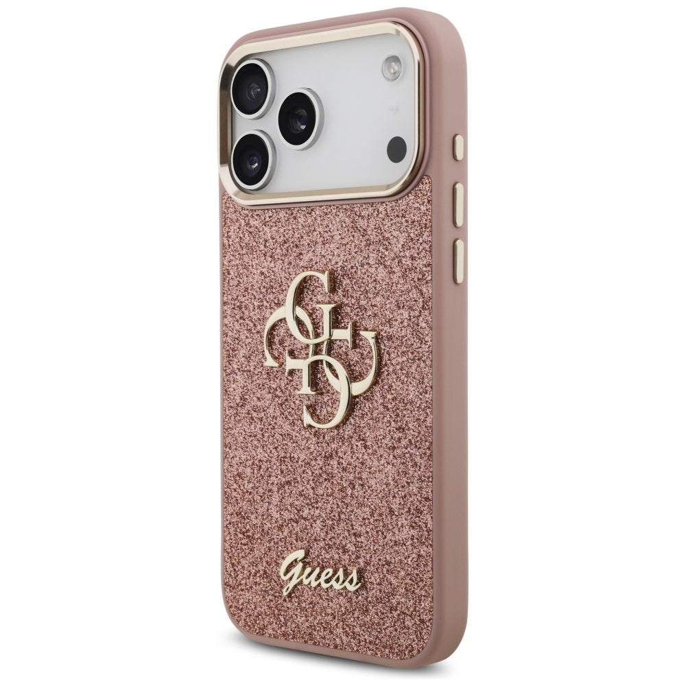 Pouzdro pro Apple iPhone 17 Pro Max, Guess, Fixed Glitter Big 4G Metal Frame, Růžové