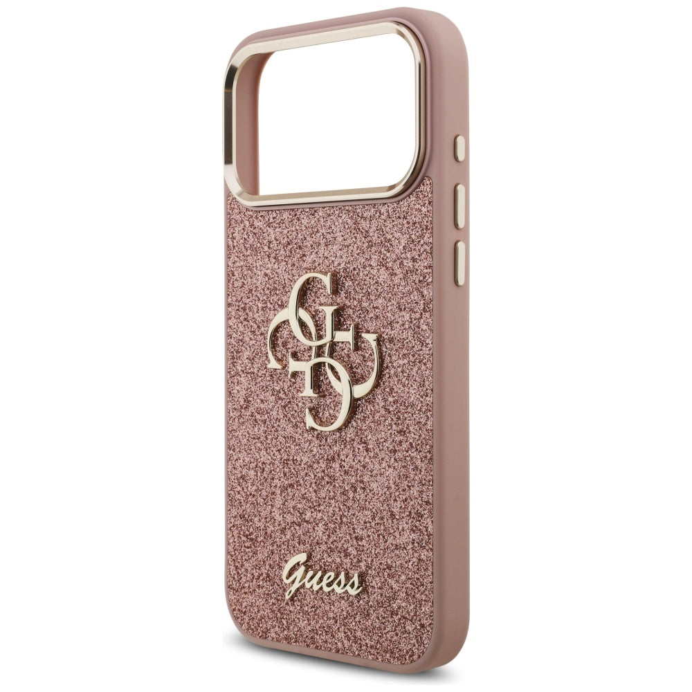 Pouzdro pro Apple iPhone 17 Pro Max, Guess, Fixed Glitter Big 4G Metal Frame, Růžové