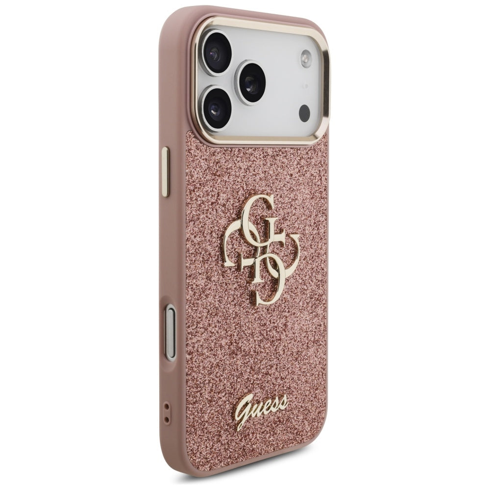 Pouzdro pro Apple iPhone 17 Pro Max, Guess, Fixed Glitter Big 4G Metal Frame, Růžové