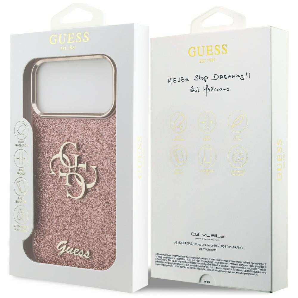 Pouzdro pro Apple iPhone 17 Pro Max, Guess, Fixed Glitter Big 4G Metal Frame, Růžové