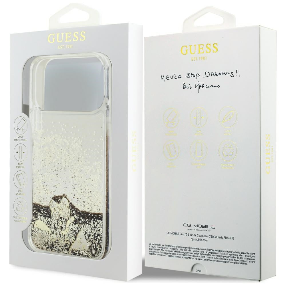 Pouzdro pro Apple iPhone 17 Pro Max, Guess, Liquid Glitter Charms, Zlaté