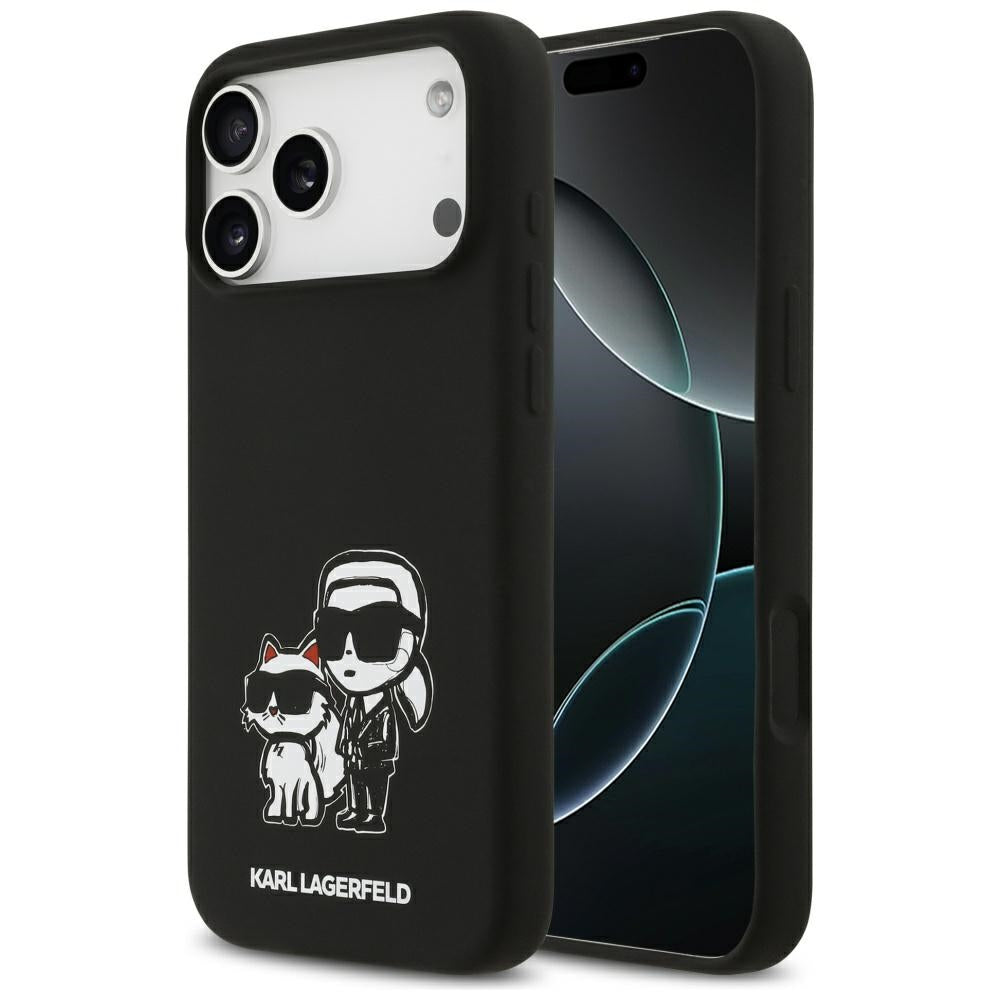 Pouzdro pro Apple iPhone 17 Pro Max, Karl Lagerfeld, Sketch and Logo Karl & Choupette, Černá.