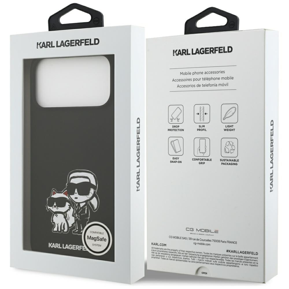 Pouzdro pro Apple iPhone 17 Pro Max, Karl Lagerfeld, Sketch and Logo Karl & Choupette, Černá.