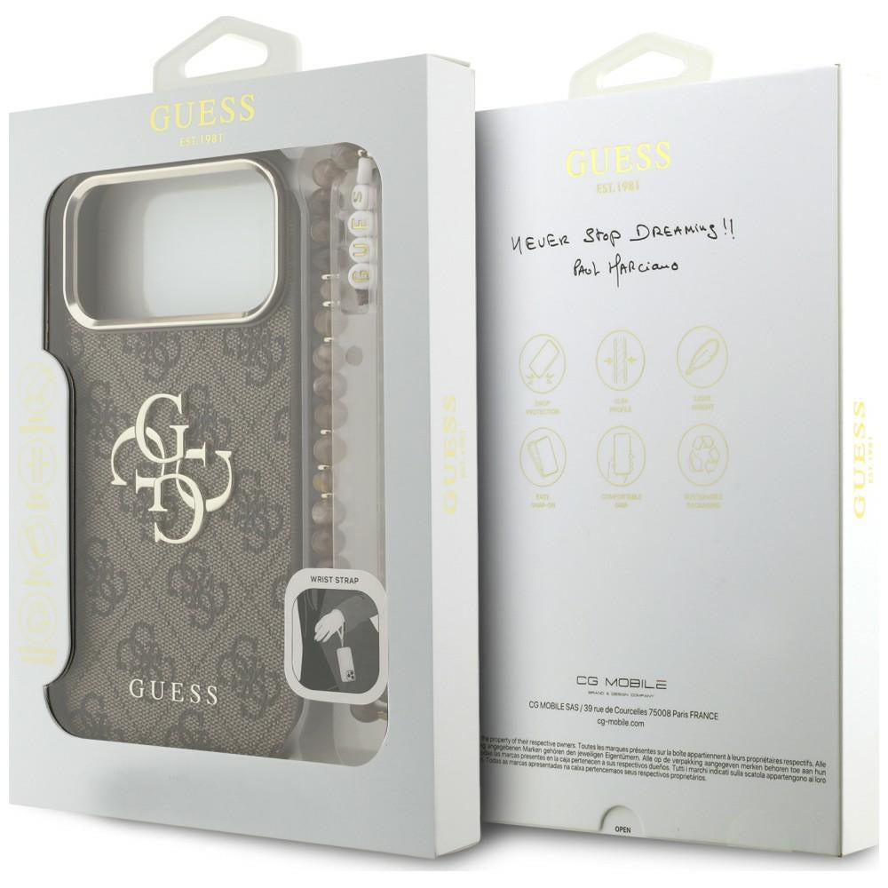 Pouzdro pro Apple iPhone 18 Pro / 17 Pro, Guess, 4G Classic Logo with Strap, zlatohnědé