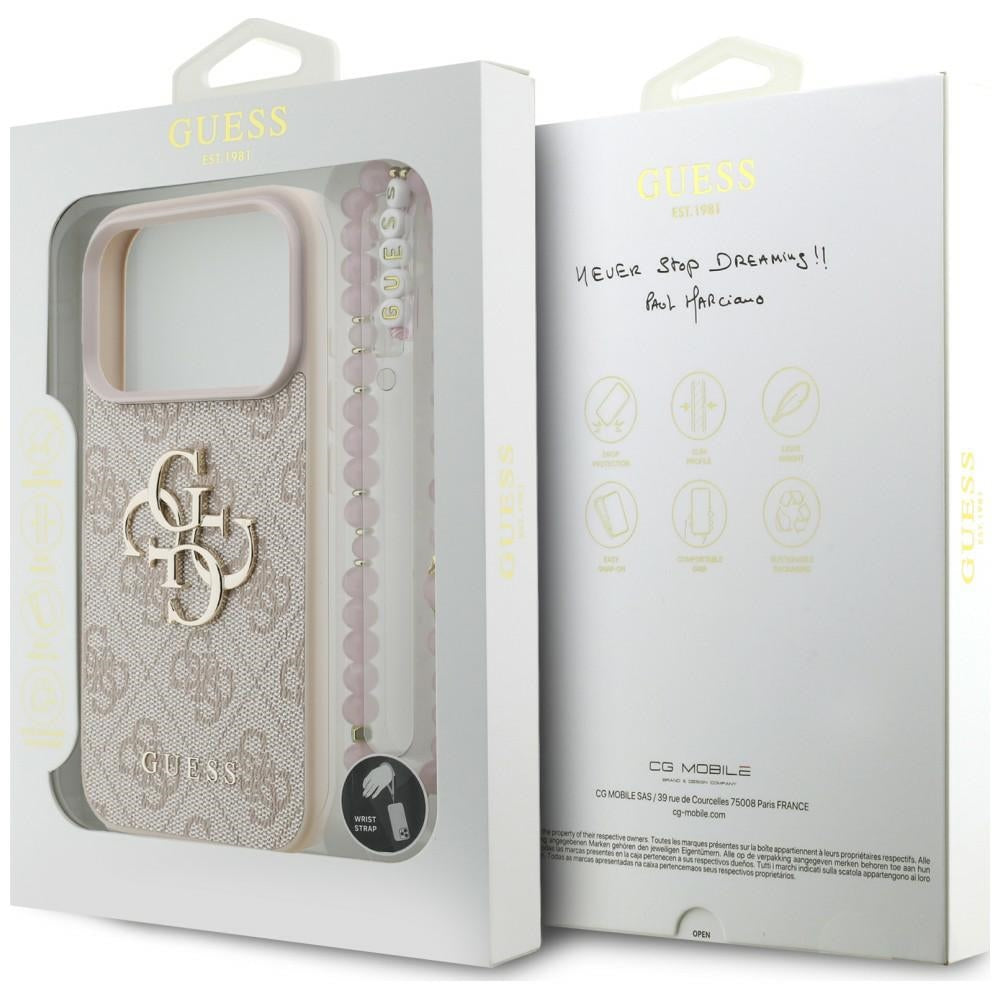 Pouzdro pro Apple iPhone 18 Pro / 17 Pro, Guess, 4G Classic Logo s páskem, růžové