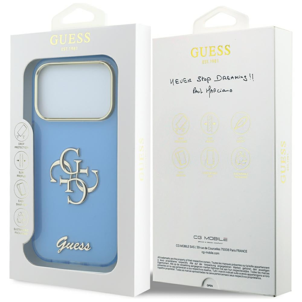 Pouzdro pro Apple iPhone 18 Pro / 17 Pro, Guess, IML 4G Metal Script, Bleu