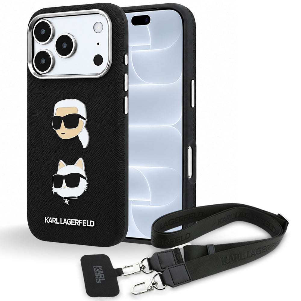 Pouzdro pro Apple iPhone 18 Pro / 17 Pro, Karl Lagerfeld, Saffiano Crossbody Karl & Choupette Head's Pins Logo, černé
