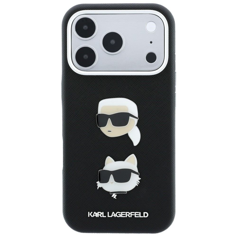 Pouzdro pro Apple iPhone 18 Pro / 17 Pro, Karl Lagerfeld, Saffiano Crossbody Karl & Choupette Head's Pins Logo, černé