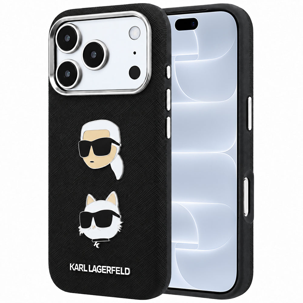 Case for Apple iPhone 18 Pro / 17 Pro, Karl Lagerfeld, Saffiano with Karl & Choupette Head's Pin and Logo, Black