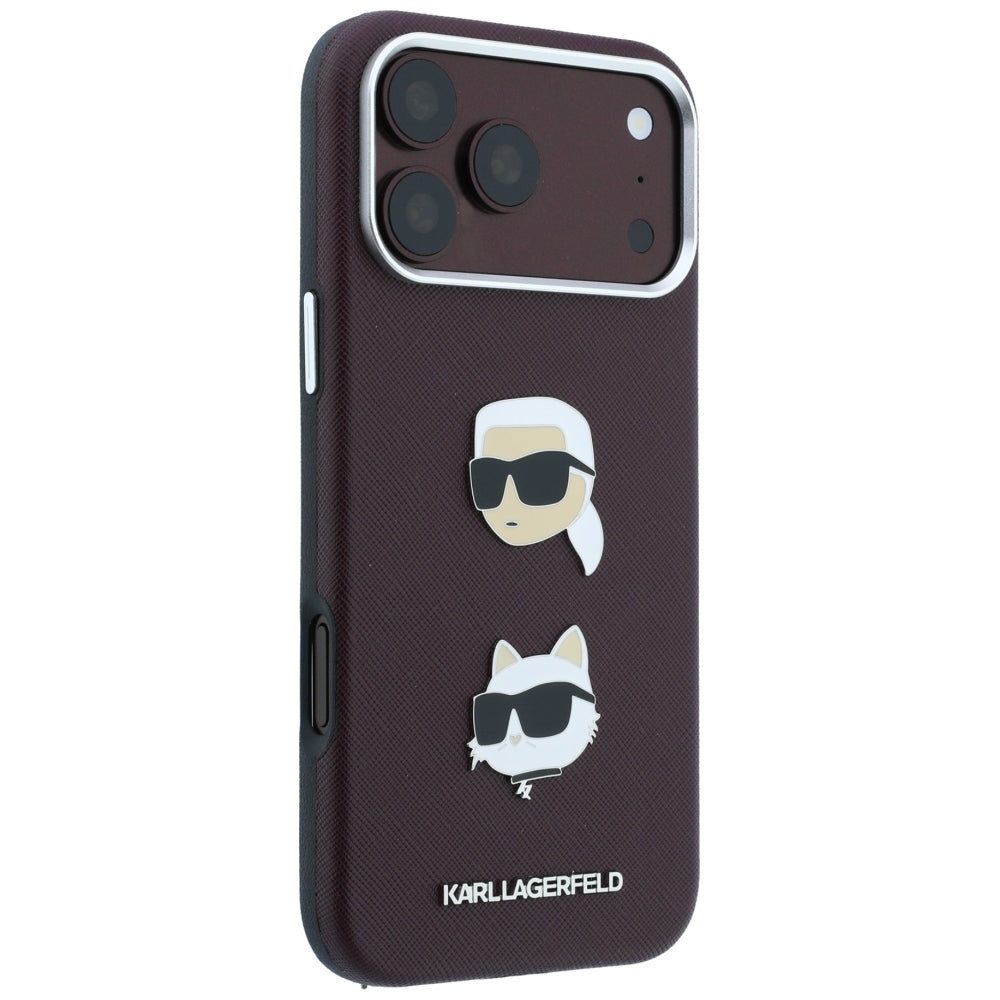Pouzdro pro Apple iPhone 18 Pro / 17 Pro, Karl Lagerfeld, Saffiano s připínáčkem hlavy Karla & Choupette a logem, vínové