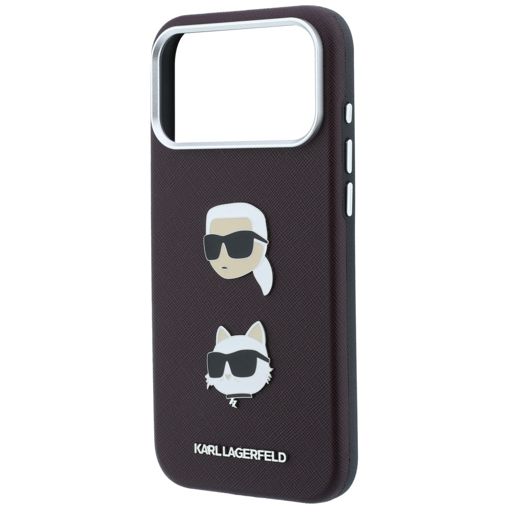 Pouzdro pro Apple iPhone 18 Pro / 17 Pro, Karl Lagerfeld, Saffiano s připínáčkem hlavy Karla & Choupette a logem, vínové