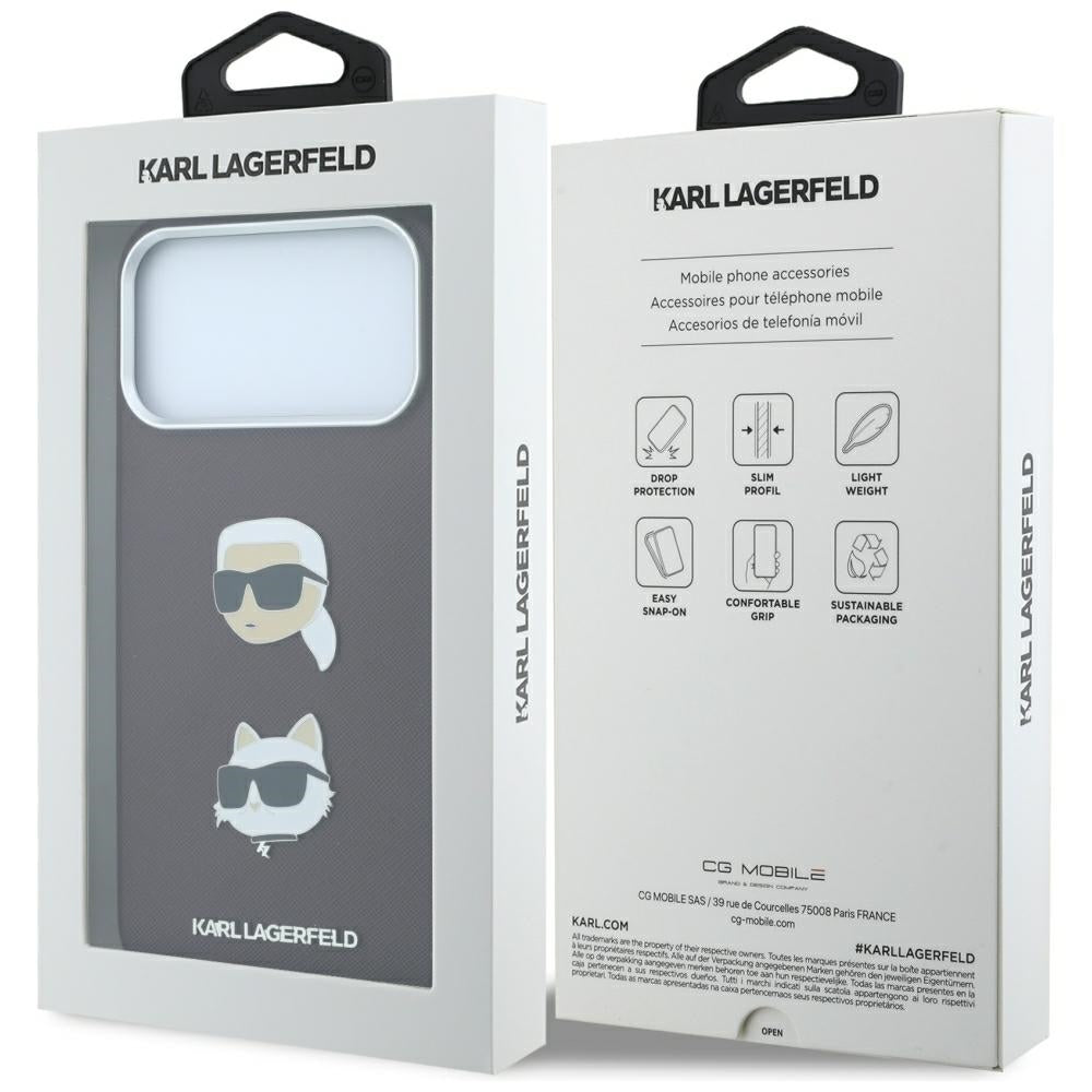 Pouzdro pro Apple iPhone 18 Pro / 17 Pro, Karl Lagerfeld, Saffiano s připínáčkem hlavy Karla & Choupette a logem, vínové