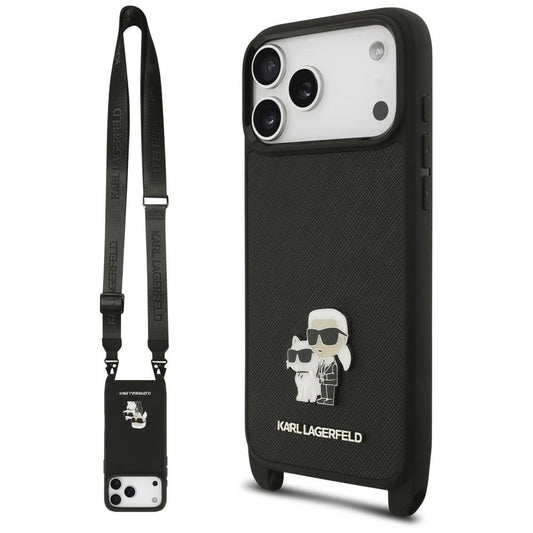 Pouzdro pro Apple iPhone 18 Pro Max / 17 Pro Max, Karl Lagerfeld, Saffiano Crossbody Metal Pin Karl & Choupette, černé