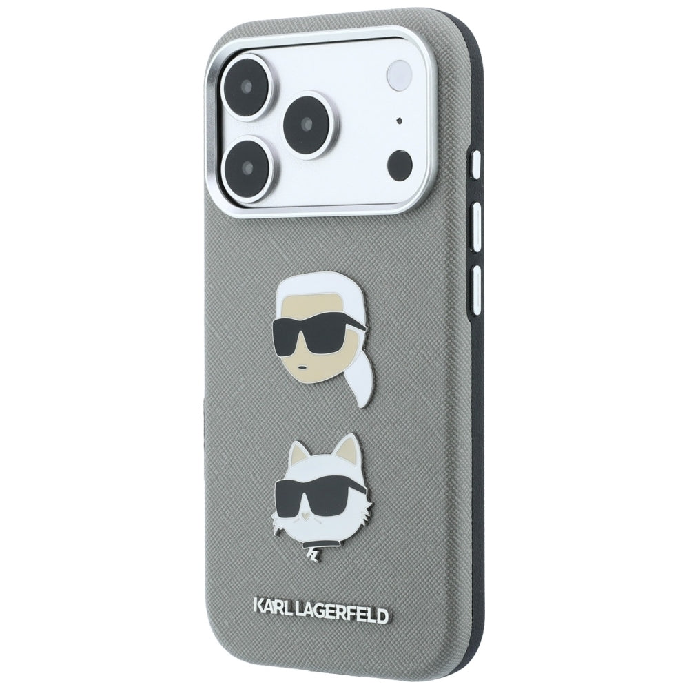Case for Apple iPhone 18 Pro Max / 17 Pro Max, Karl Lagerfeld, Saffiano with Karl & Choupette Head's Pin and Logo, Gray