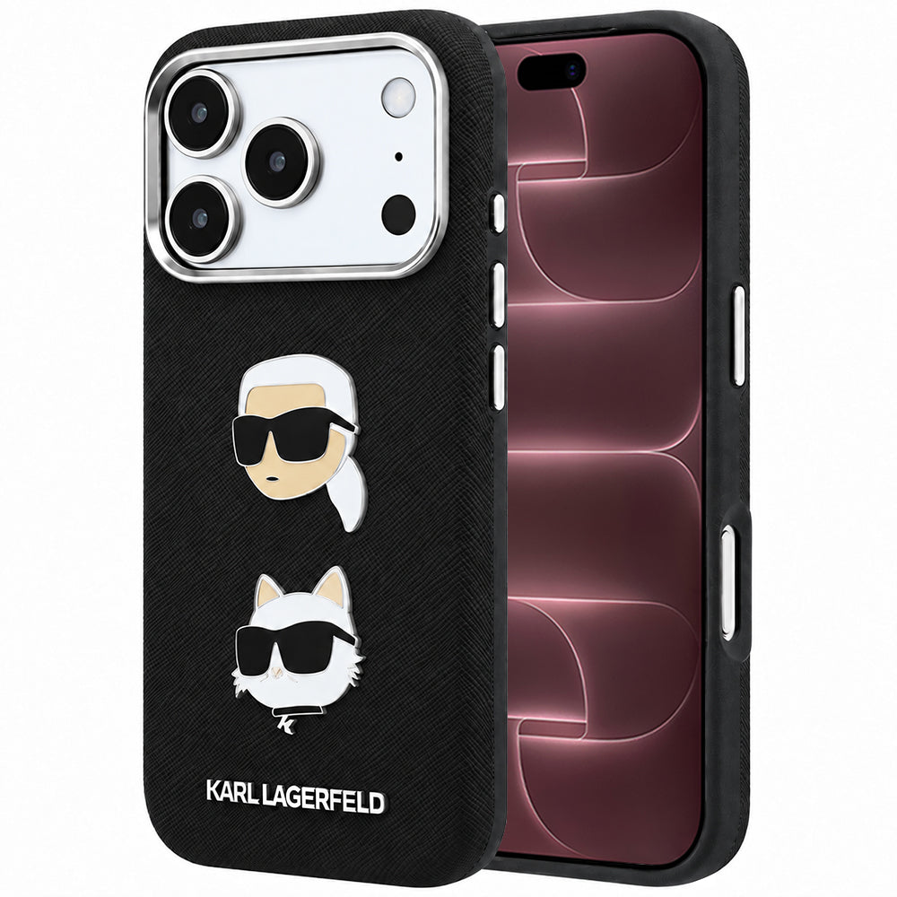Pouzdro pro Apple iPhone 18 Pro Max / 17 Pro Max, Karl Lagerfeld, Saffiano s připínáčkem hlavy Karla & Choupette a logem, černé