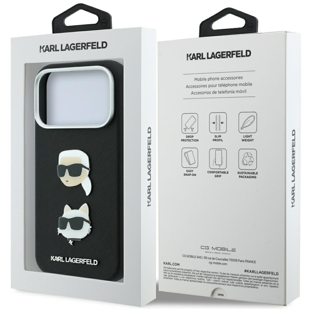 Pouzdro pro Apple iPhone 18 Pro Max / 17 Pro Max, Karl Lagerfeld, Saffiano s připínáčkem hlavy Karla & Choupette a logem, černé