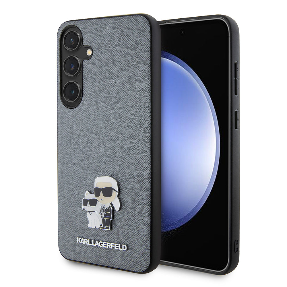 Pouzdro pro Samsung Galaxy S24+ S926, Karl Lagerfeld, Saffiano Karl & Choupette Metal, šedé