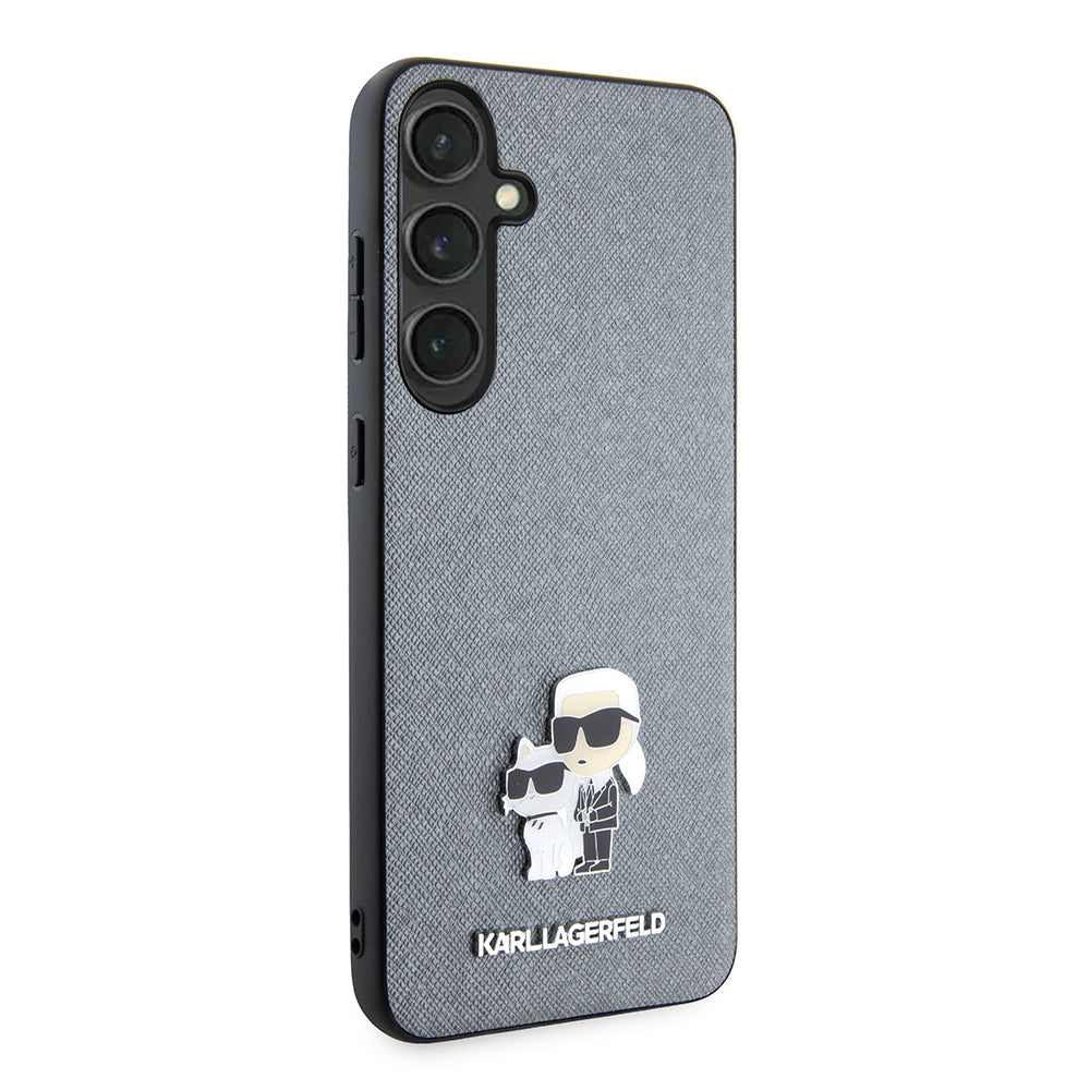 Pouzdro pro Samsung Galaxy S24+ S926, Karl Lagerfeld, Saffiano Karl & Choupette Metal, šedé