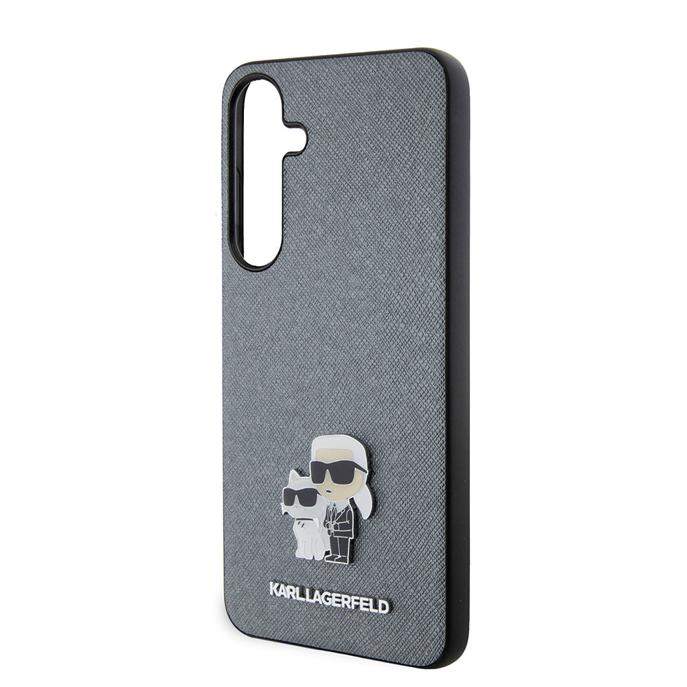 Pouzdro pro Samsung Galaxy S24+ S926, Karl Lagerfeld, Saffiano Karl & Choupette Metal, šedé