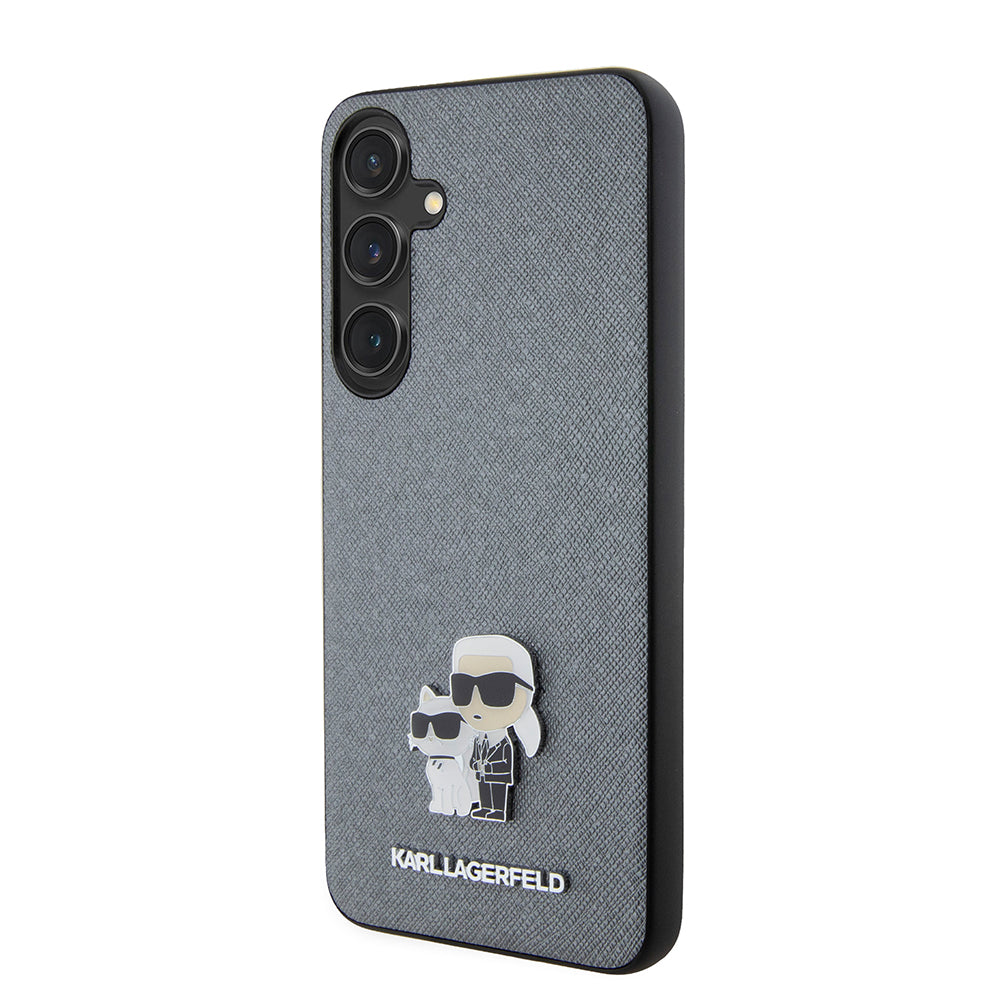Pouzdro pro Samsung Galaxy S24+ S926, Karl Lagerfeld, Saffiano Karl & Choupette Metal, šedé
