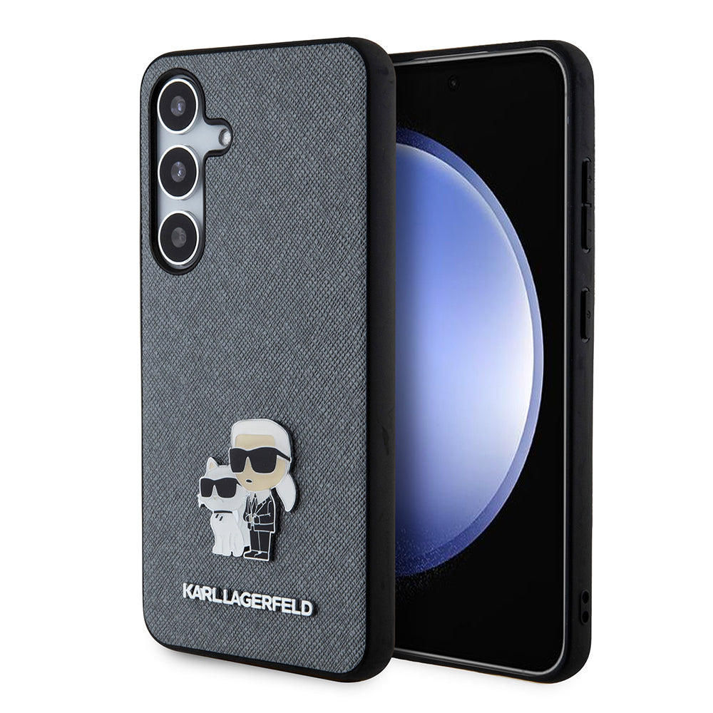 Pouzdro pro Samsung Galaxy S24 S921, Karl Lagerfeld, Saffiano Karl & Choupette Metal, šedé