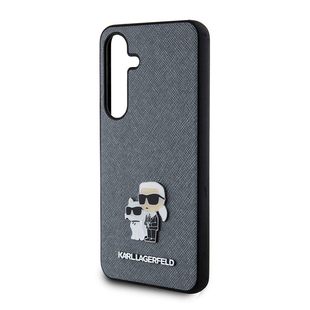 Pouzdro pro Samsung Galaxy S24 S921, Karl Lagerfeld, Saffiano Karl & Choupette Metal, šedé