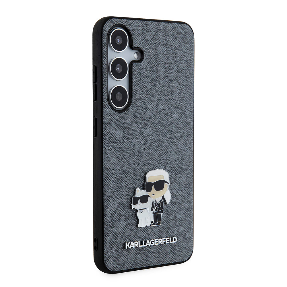 Pouzdro pro Samsung Galaxy S24 S921, Karl Lagerfeld, Saffiano Karl & Choupette Metal, šedé