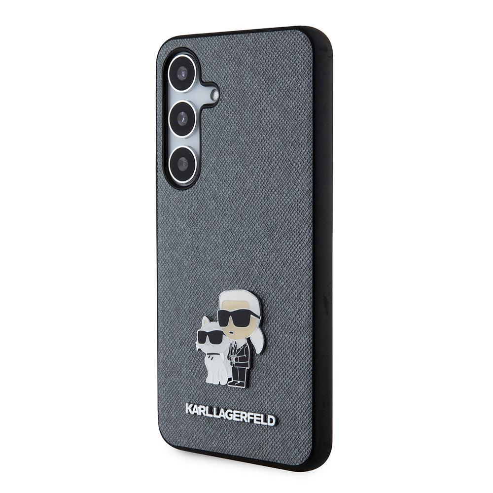 Pouzdro pro Samsung Galaxy S24 S921, Karl Lagerfeld, Saffiano Karl & Choupette Metal, šedé