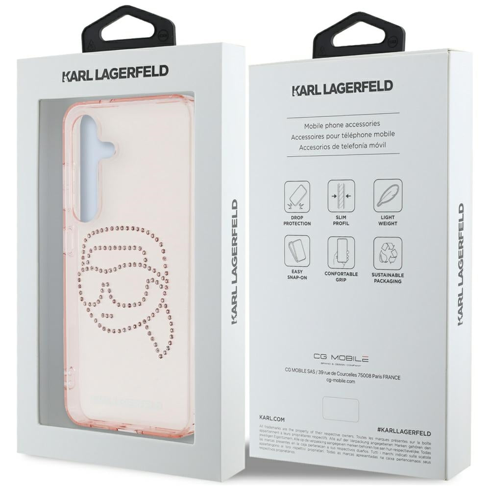 Pouzdro pro Samsung Galaxy S25 S931, Karl Lagerfeld, IML Rhinestones Karl's Head, Růžové