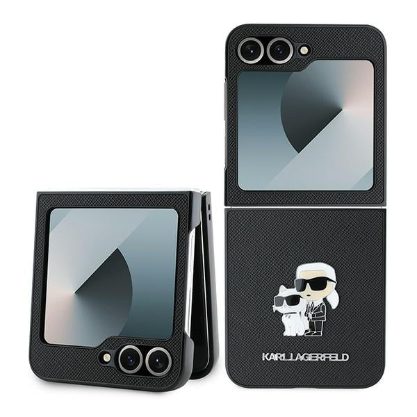 Pouzdro pro Samsung Galaxy Z Flip7 FE F761 / Z Flip6 F741, Karl Lagerfeld, Saffiano Karl & Choupette Metal, Černá