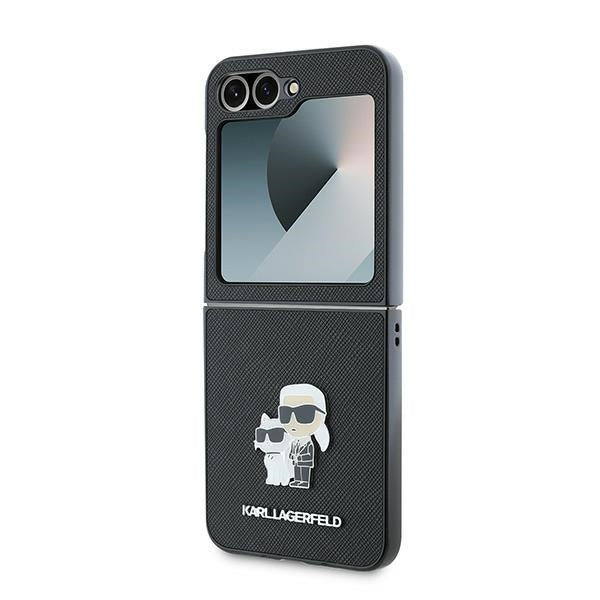 Pouzdro pro Samsung Galaxy Z Flip7 FE F761 / Z Flip6 F741, Karl Lagerfeld, Saffiano Karl & Choupette Metal, Černá