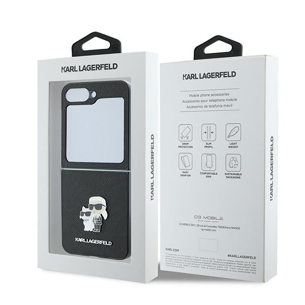 Pouzdro pro Samsung Galaxy Z Flip7 FE F761 / Z Flip6 F741, Karl Lagerfeld, Saffiano Karl & Choupette Metal, Černá