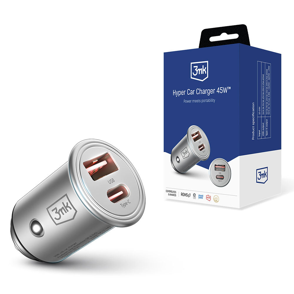 Nabíječka do auta 3MK Hyper, 45W, 3A, 1 x USB-A - 1 x USB-C, stříbrná