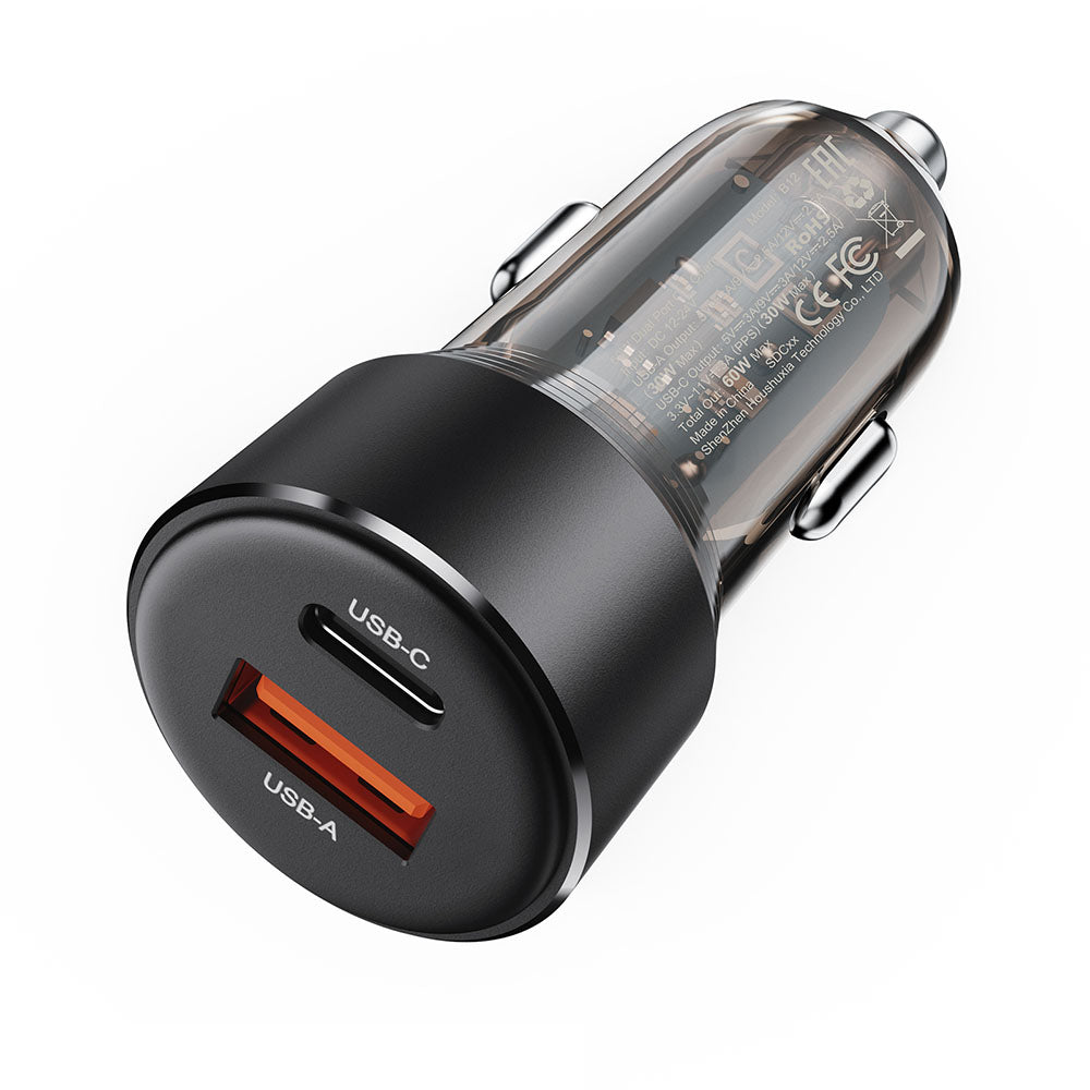 Auto nabíječka Acefast B12, 60W, 3A, 1 x USB-A - 1 x USB-C, Černá