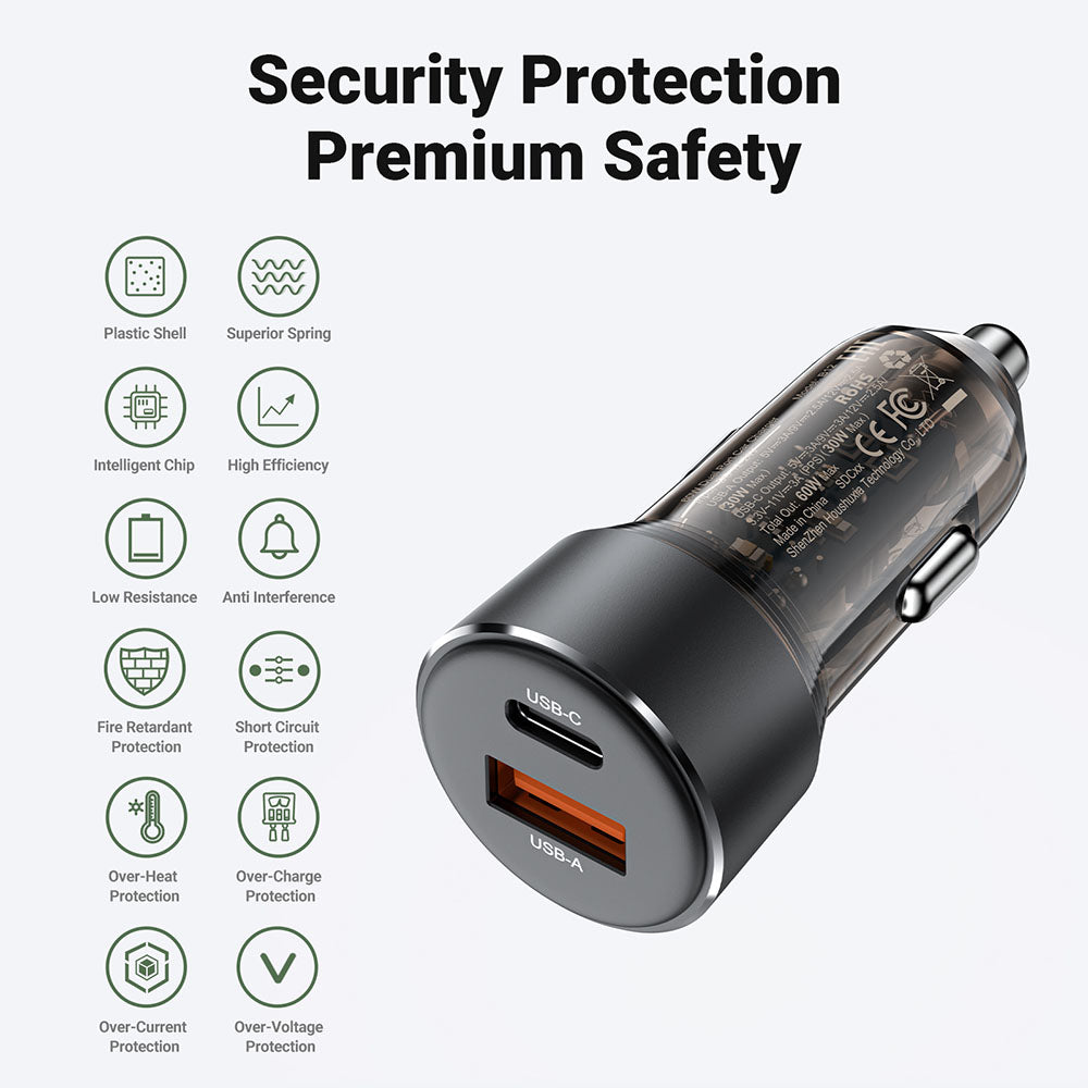 Auto nabíječka Acefast B12, 60W, 3A, 1 x USB-A - 1 x USB-C, Černá