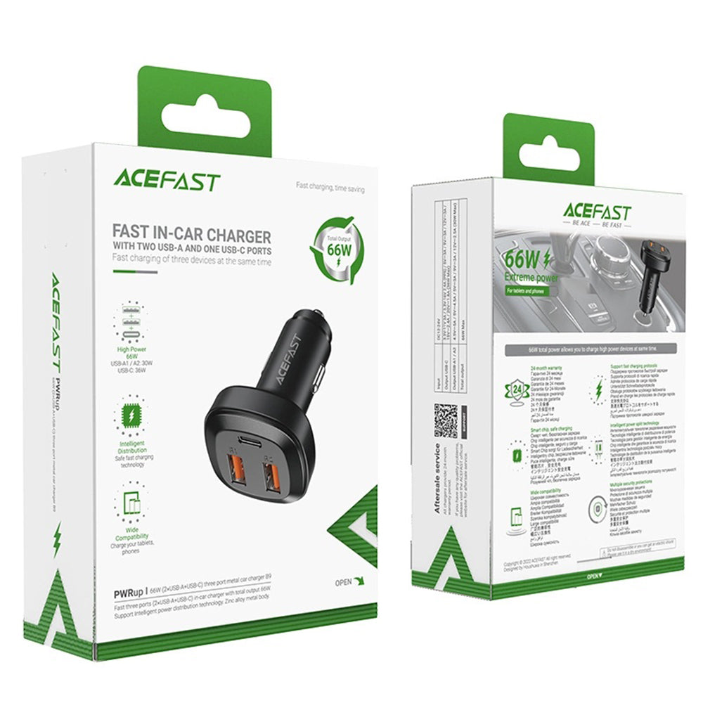 Auto nabíječka Acefast B9, 66W, 5A, 2 x USB-A - 1 x USB-C, Černá